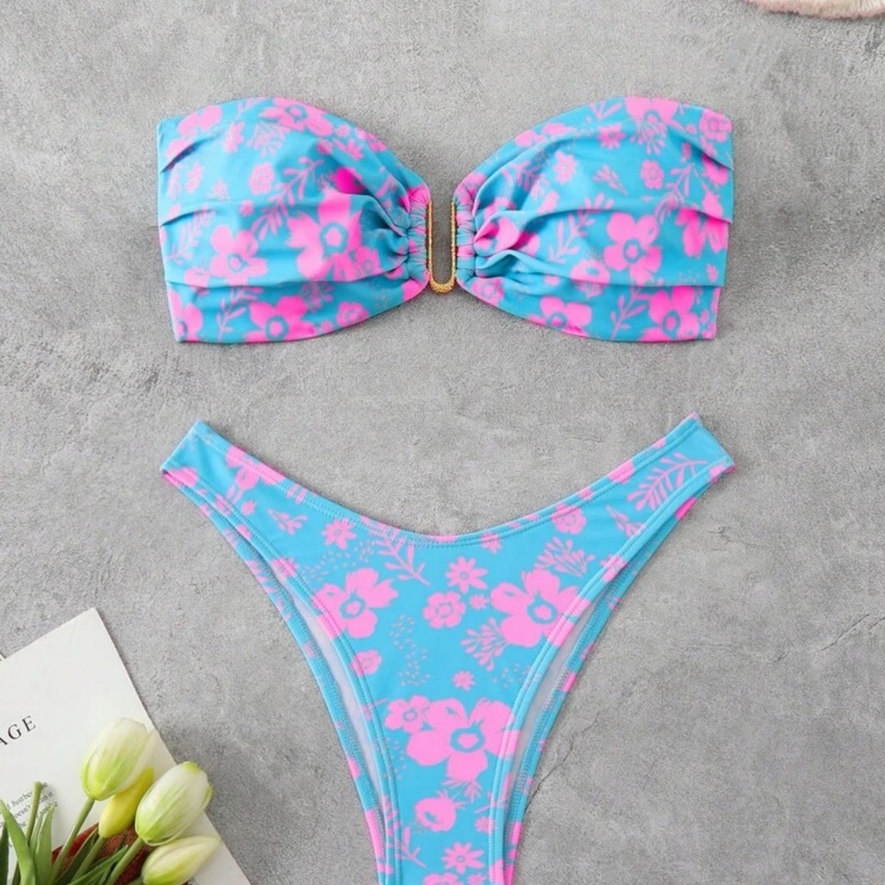 NWT Aqua Blue‎ & Pink Floral Bandeau Bikini Set - Size XS